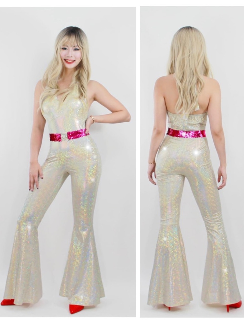 New Disco Outfit 70s 80s Sparkle Flare Jumpsuit Party Costume Halloween Cosplay